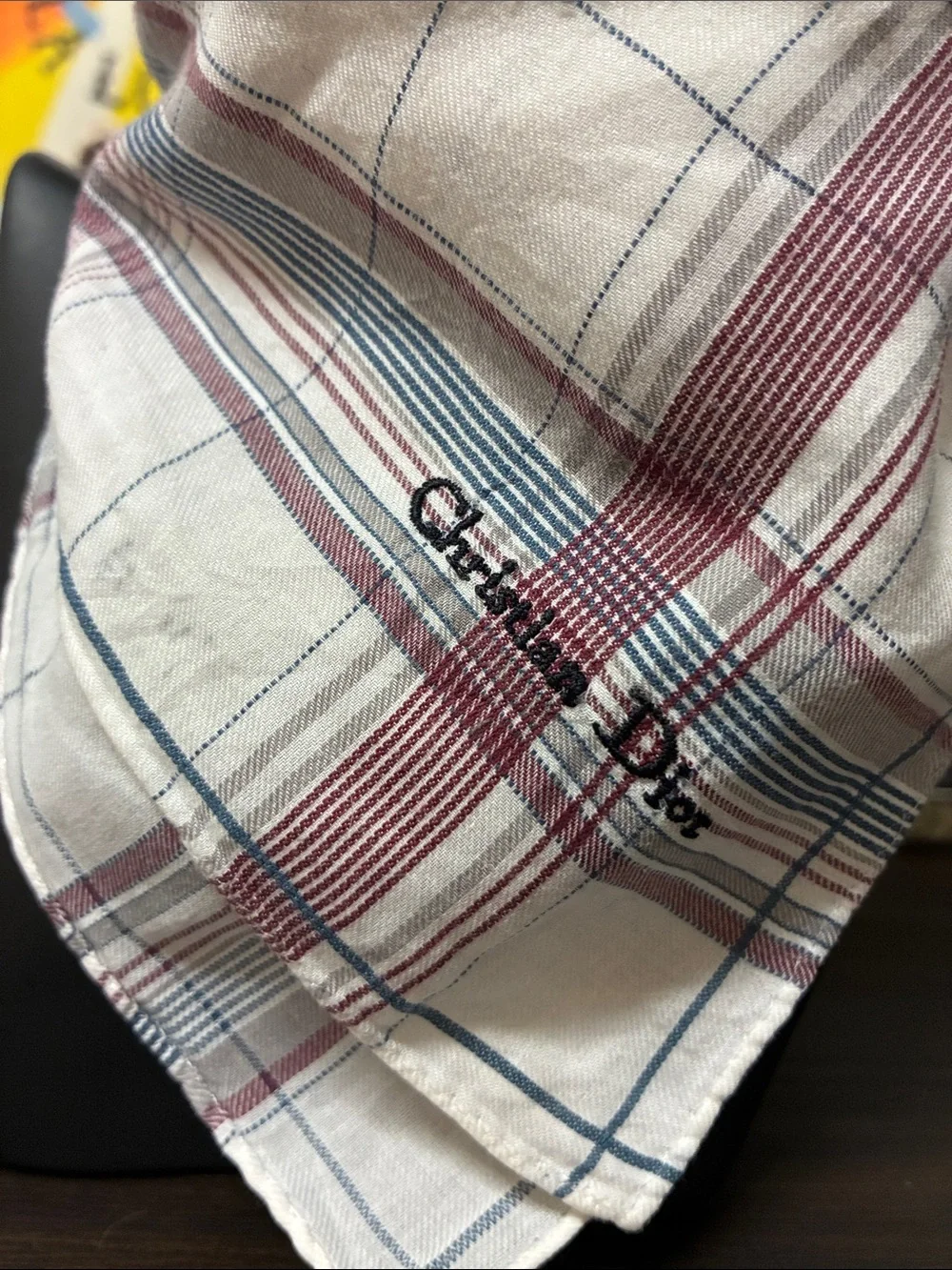 Christian Dior Plaid Cotton Bandana Scarf - White with Burgundy & Blue